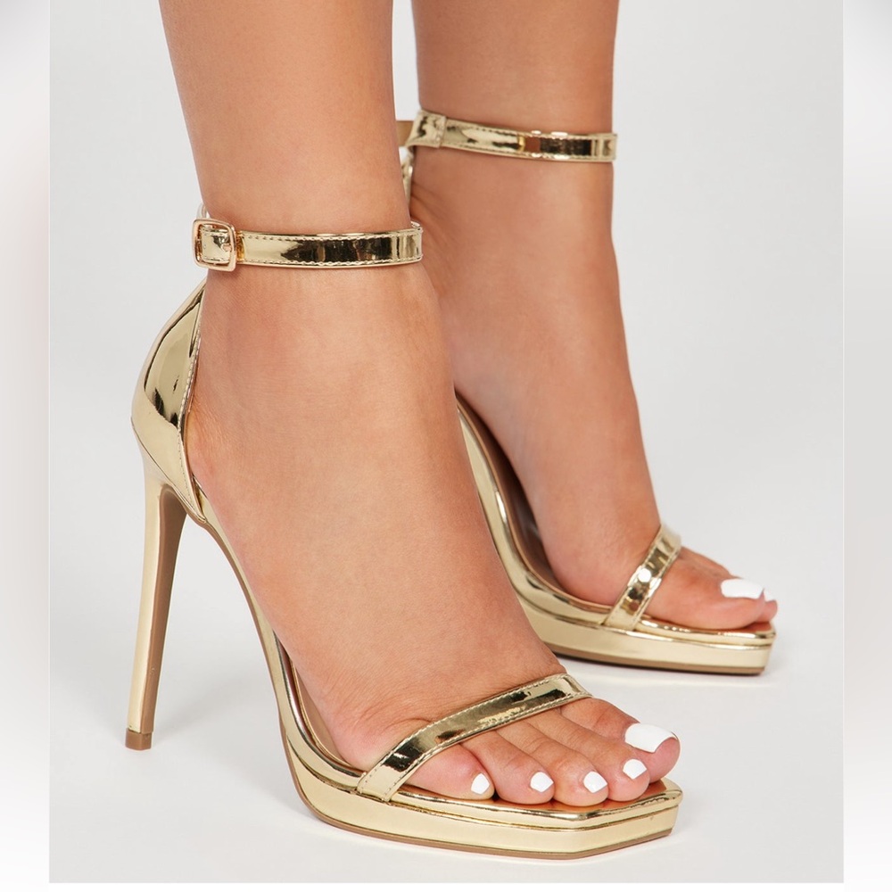 Fashion Nova Gold Metallic Ankle Strap Stiletto Heels